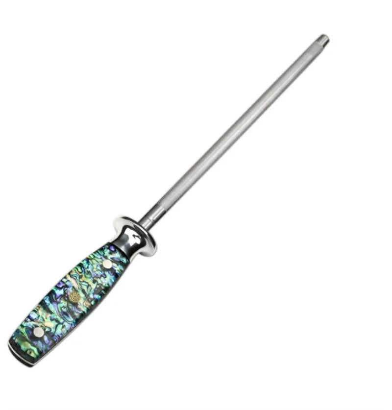 High carbon steel kitchen knife sharpener with abalone shell handle for household use