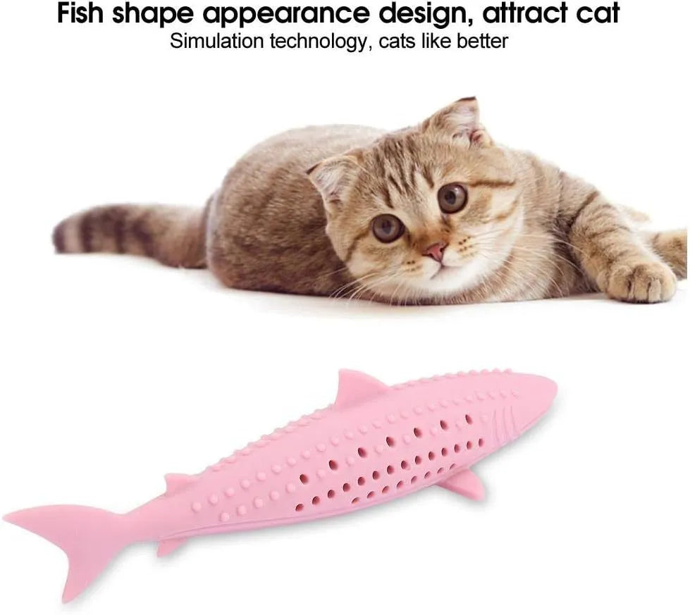 Green silicone fish-shaped cat chew toy with side holes on a white background