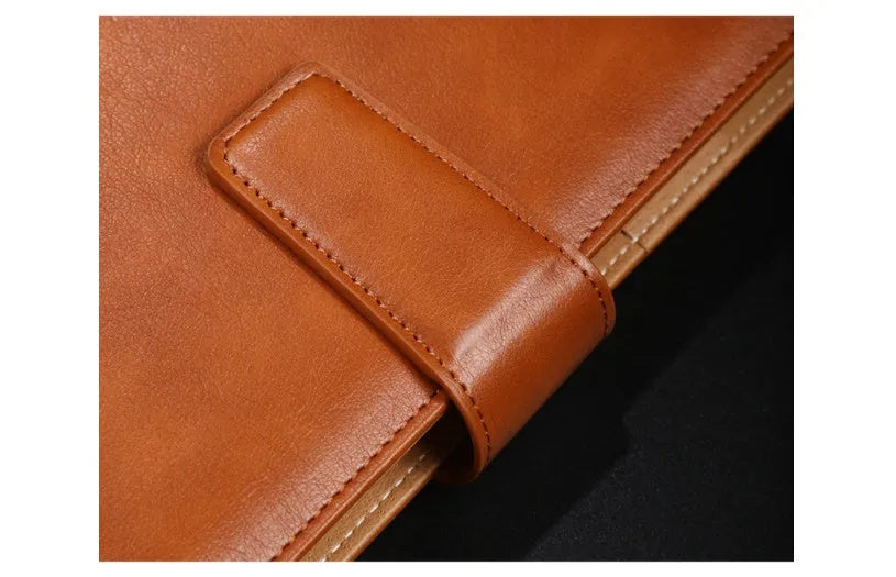 A5 leather buckle notebook with 6-hole clip in multiple colours showing hard cover and closure