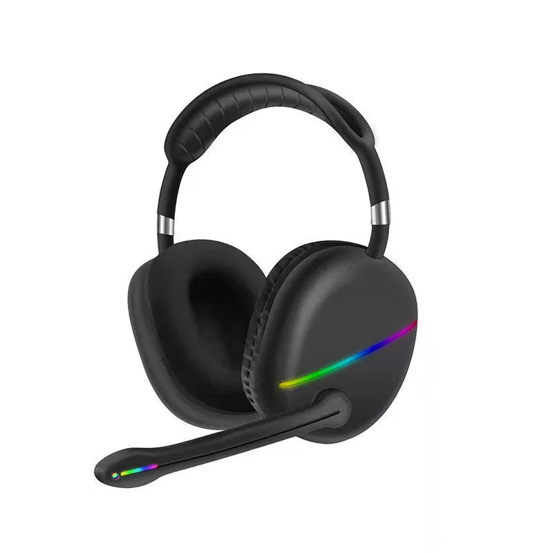 Blue wireless Bluetooth headset with glowing RGB lights on the earcups, showing over-ear design.