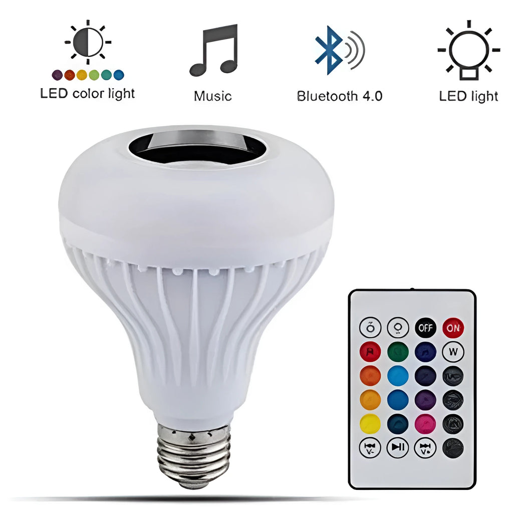 White E27 Bluetooth speaker bulb with LED lighting and integrated wireless audio functionality
