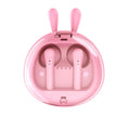Red TWS wireless Bluetooth headset with in-ear design showing compact size