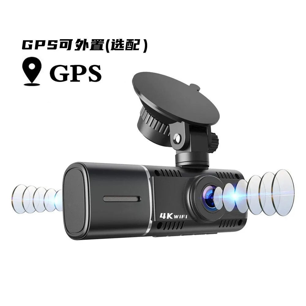 Black car dashcam on stand with 1.5-inch screen for front and rear recording.