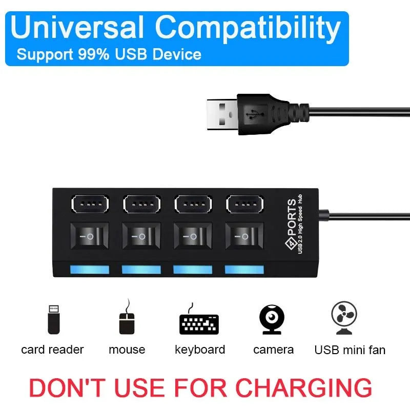 Black and white USB switch hub showing 4-port and 7-port configurations for notebook computer connectivity