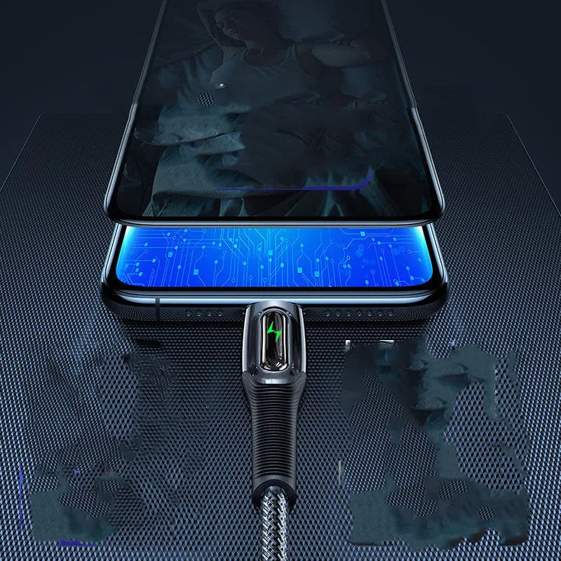 Black braided Lightning cable with intelligent power-off function for iPhone charging and data transfer