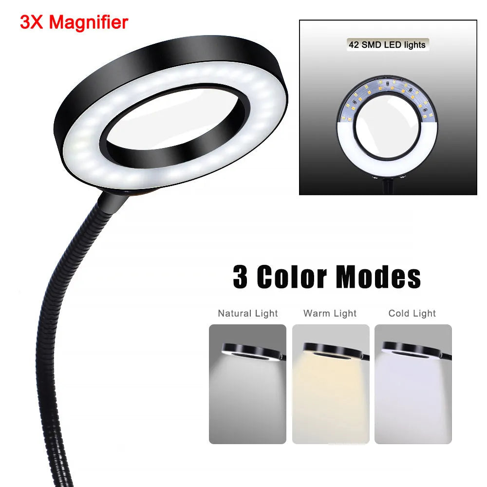 Soldering station LED lamp magnifying glass with 42 SMD LED lights 3x magnification K9 optical glass aluminium alloy base spring steel cardan joint 240mm 400mm gimbal tube for electronics repair workstation
