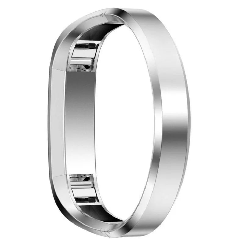 Stainless steel metal replacement strap for Fitbit Alta smartwatch in silver with deployment buckle.