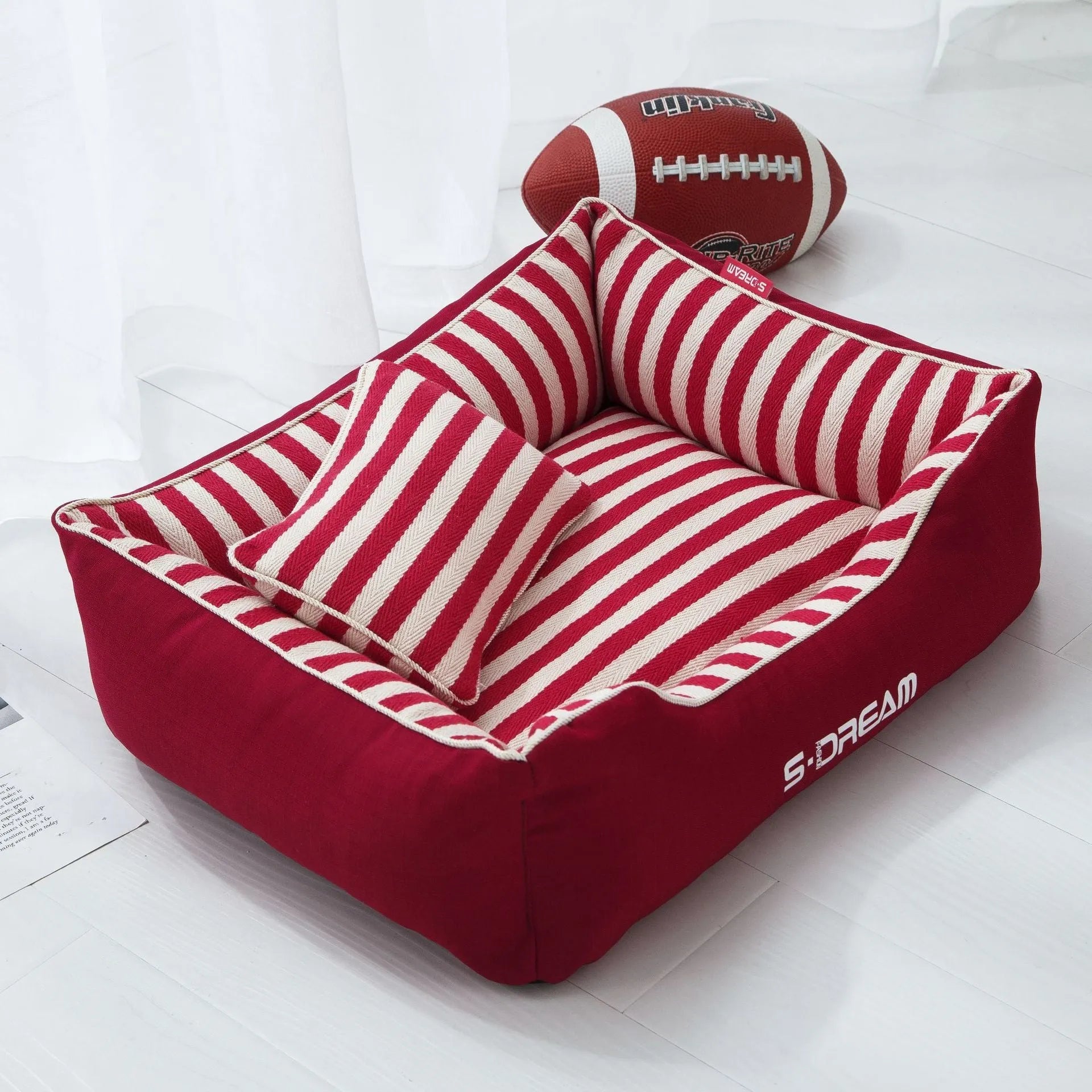 Navy stripe dog kennel mat with matching fabric pillow in blue or red colour options