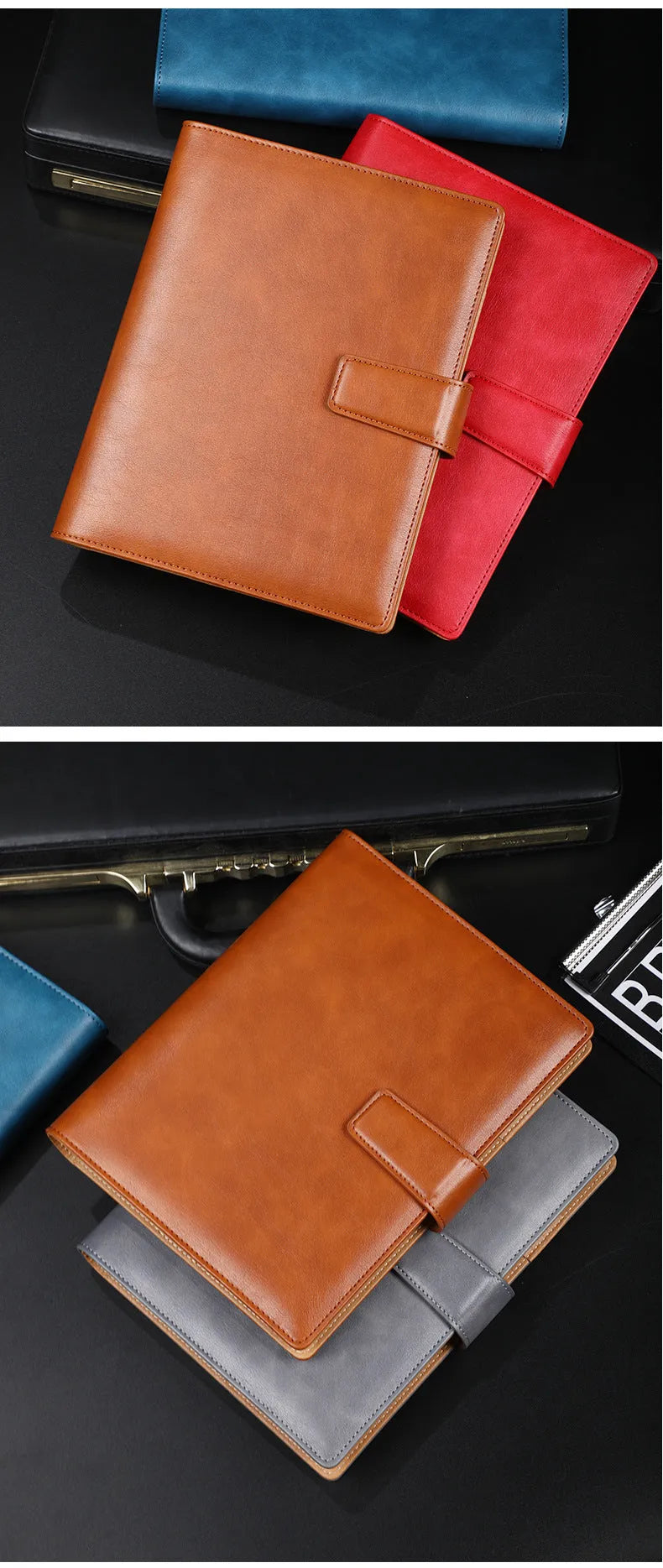 A5 leather buckle notebook with 6-hole clip in multiple colours showing hard cover and closure