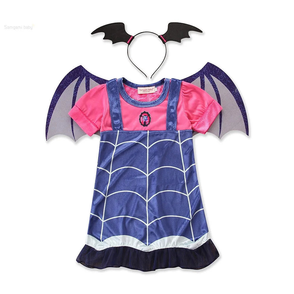Plain blue cotton princess Halloween dress for toddler girl on hanger, showing short sleeves and simple design.