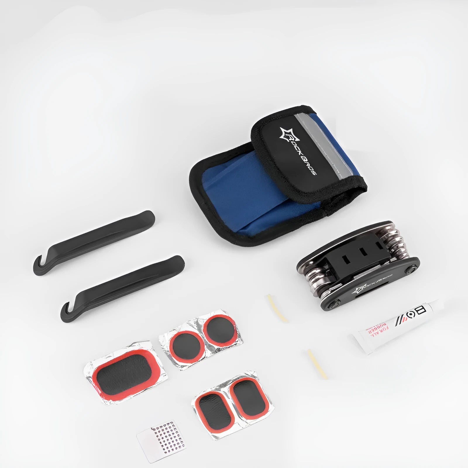 Bicycle tyre repair kit in Portable style placed on upper frame tube of a bicycle