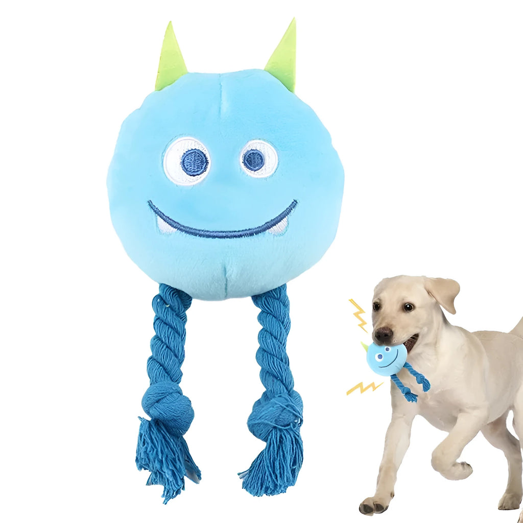 Yellow and blue knotted rope dog squeaky toy with cotton construction
