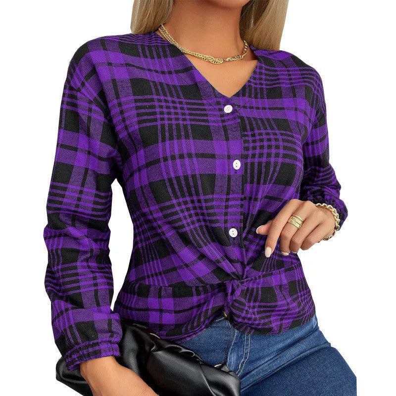 Women's loose plaid casual shirt in polyester fabric showing purple, grey and red colour options