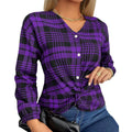 Women's loose plaid casual shirt in polyester fabric showing purple, grey and red colour options