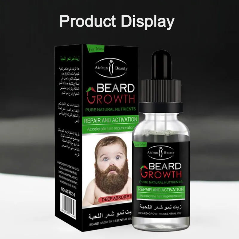 Natural beard growth essential oil bottle for men, moisturising conditioner and softener, all skin types