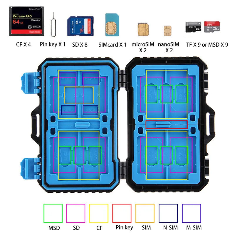 Black waterproof memory card case for 4CF 8SD 9TF SIM cards with blue TPV seal, 11.5 x 7.0 x 2.05 cm
