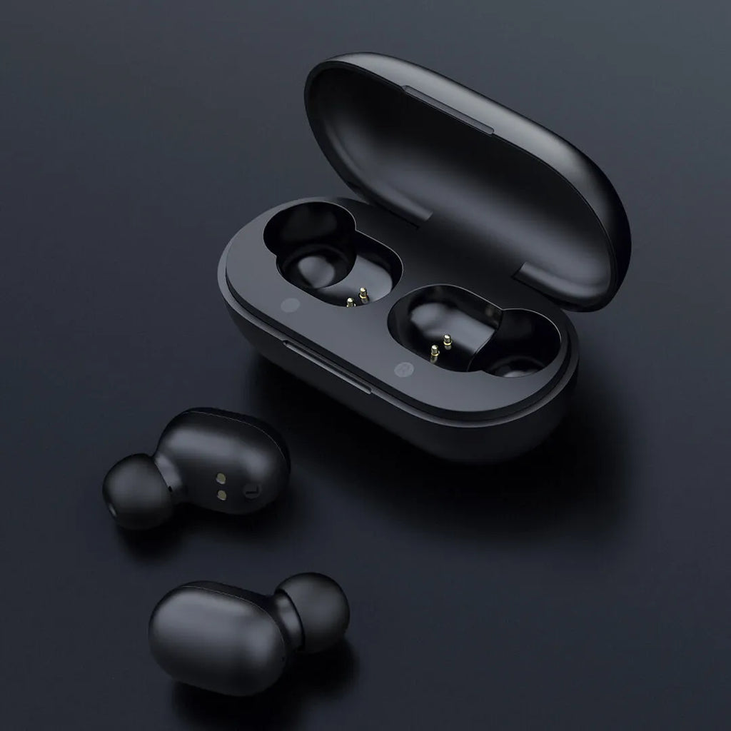 Black true wireless Bluetooth earbuds with charging case