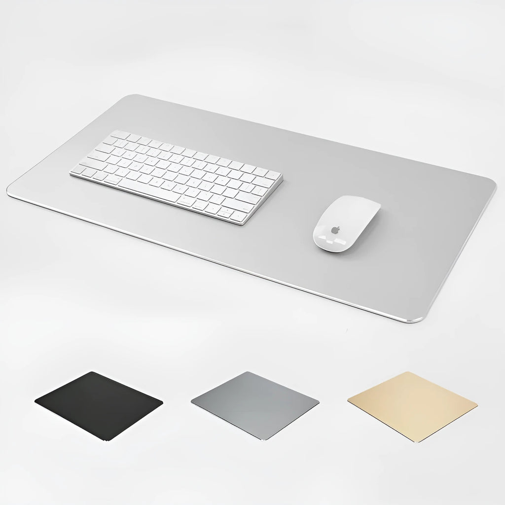 Aluminium alloy metal mouse pad double-sided with wrist support in black, gold, and silver colours, 230x180mm to 600x300mm sizes