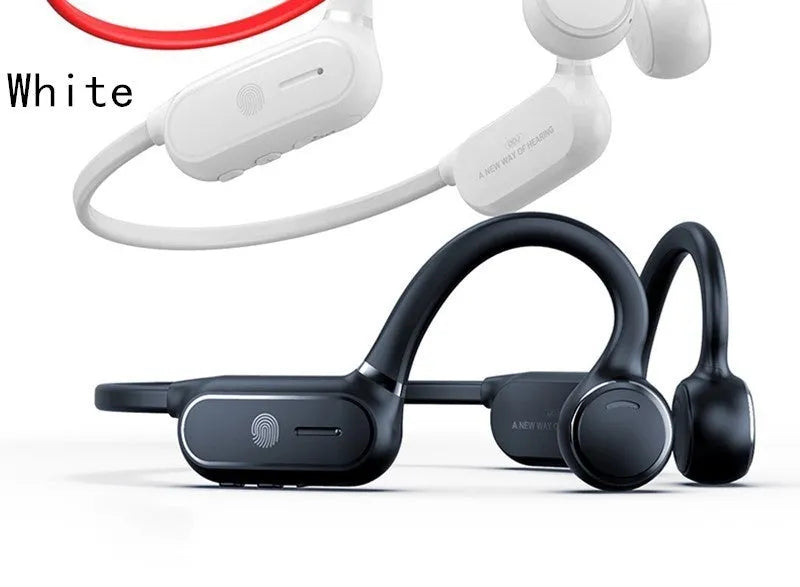 Black air conduction Bluetooth wireless earphones with a titanium alloy hook for over-ear wear.