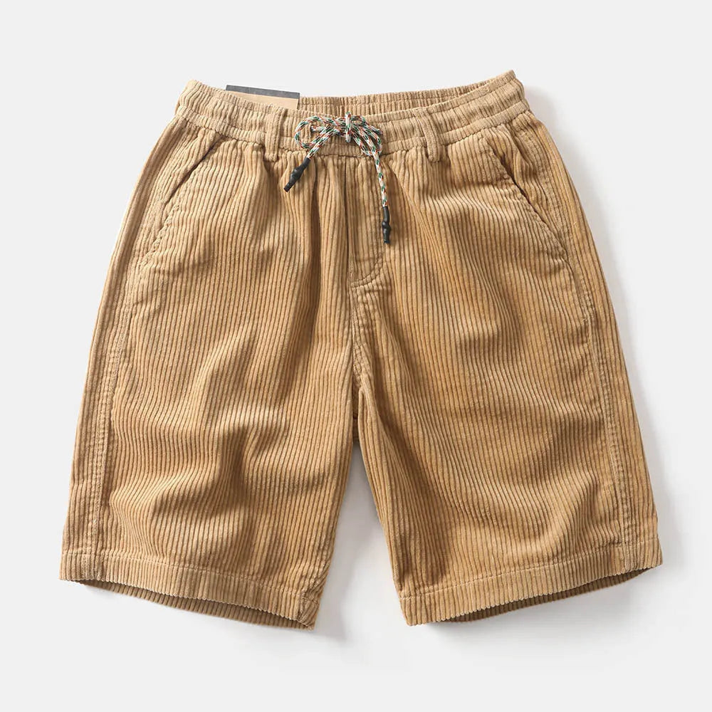 Men's retro American-style cargo shorts in straight-leg cut with multiple pockets, shown in khaki colour