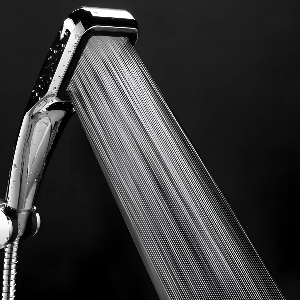 Orange hand-held pressurised shower with rain function spray head