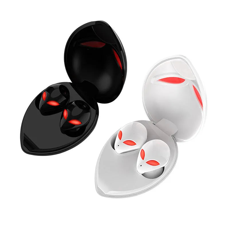 Creative Outer T8 Starman alien design wireless earbuds in red and blue with charging case.