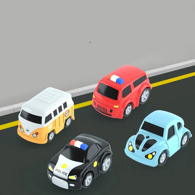 Plastic toy car track with handle remote control and colourful trolley vehicles on parking lot rails