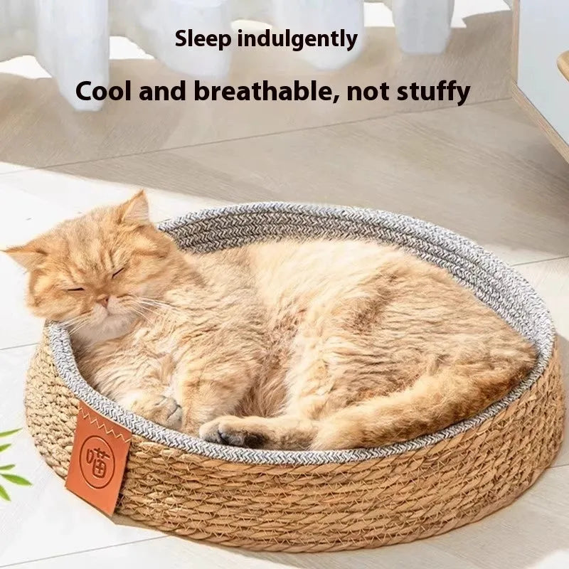 Rattan cat nest pet bed available in S, M, L, and XL sizes with open weave construction