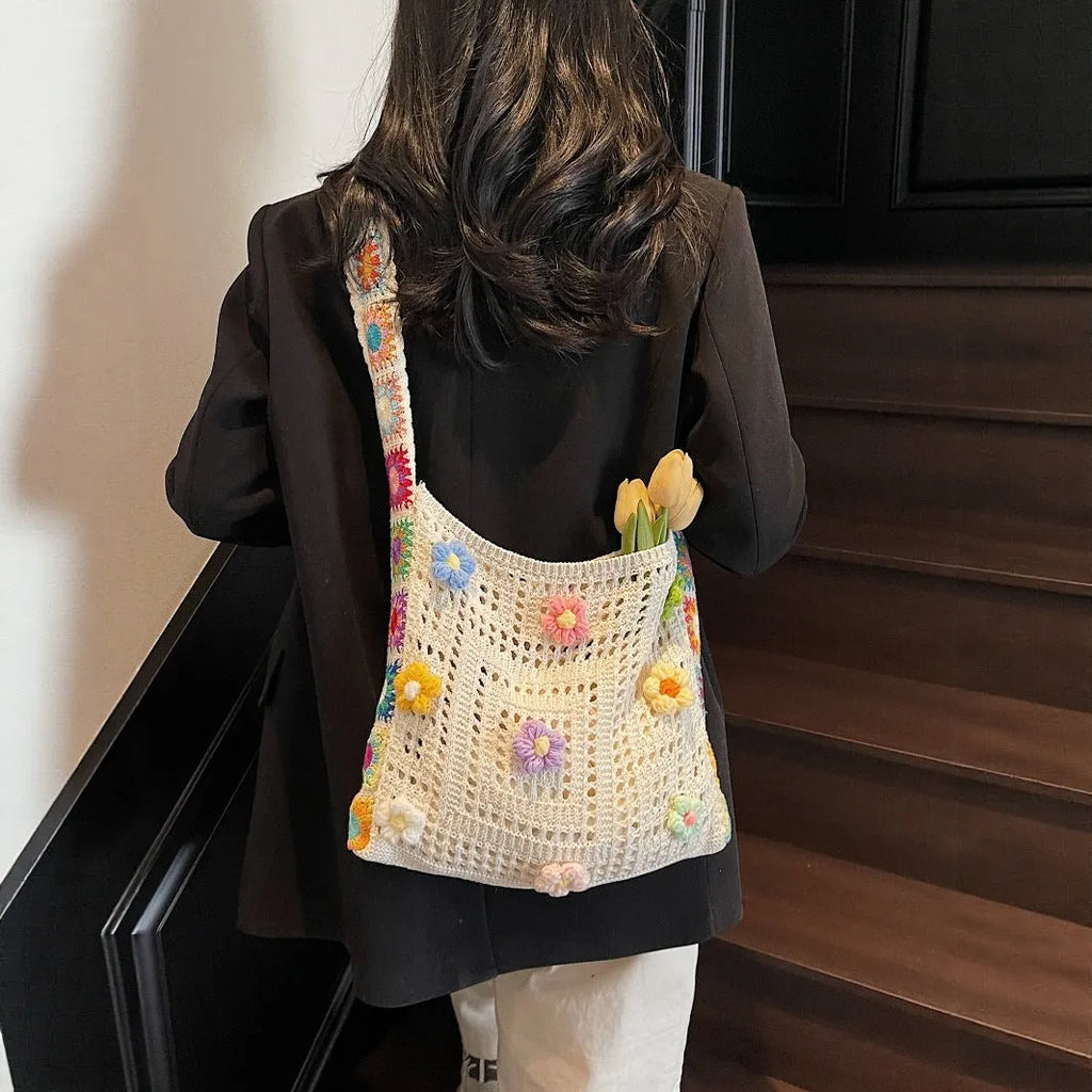 Polyester woven beach shoulder bag with hollow design in milky white colour showing dimensions
