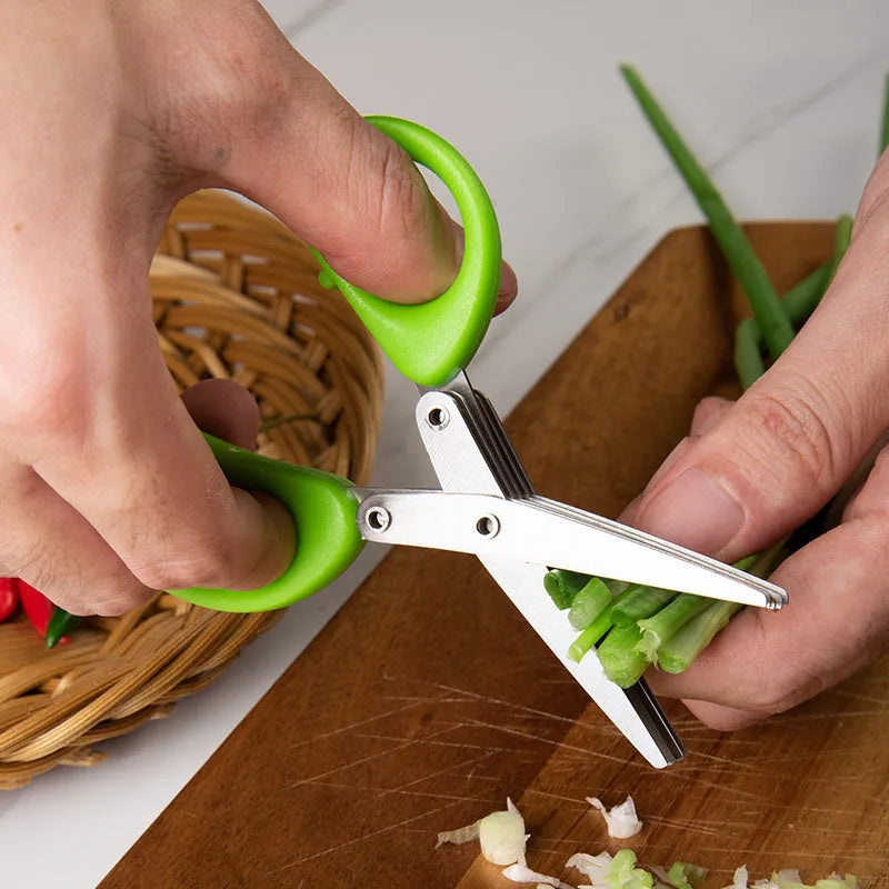 Green stainless steel multi-layer onion scissors for cutting herbs and seaweed
