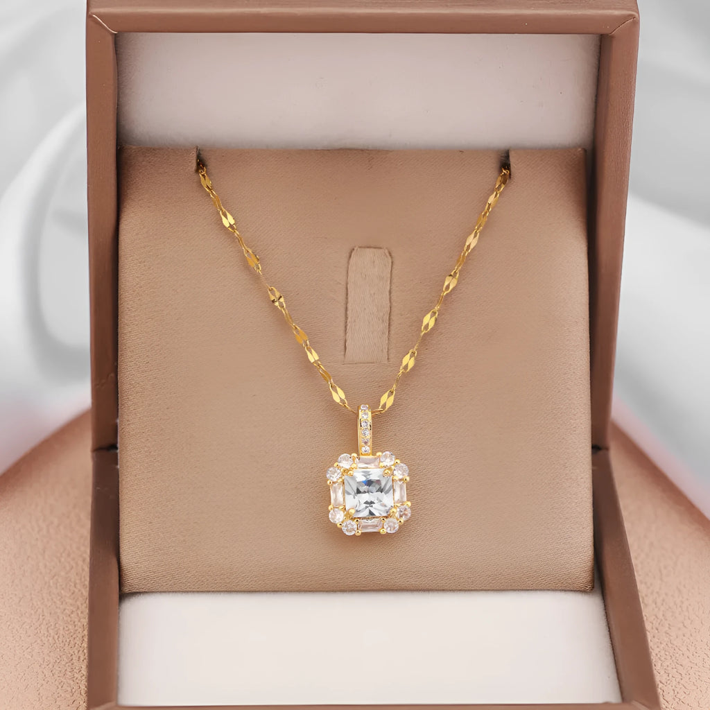 Gold geometric zircon clavicle necklace on titanium steel water wave chain.