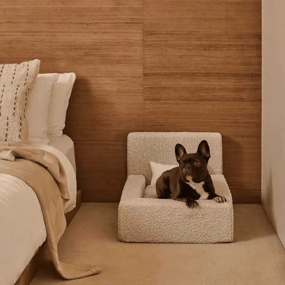 White rectangular dog mat with backrest and sponge filling, size L, on a wooden floor