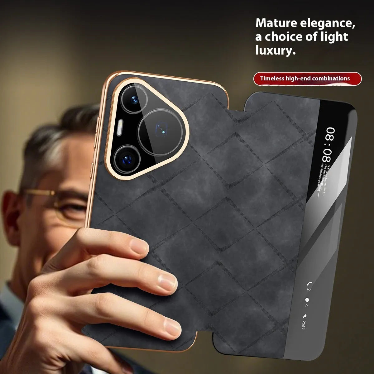 Electroplated diamond grid Huawei phone case with embossed imitation leather in three colour options