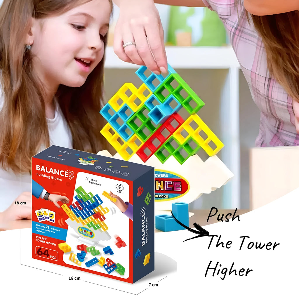 Plastic balance stacking board game with coloured building blocks on chassis for kids and adults