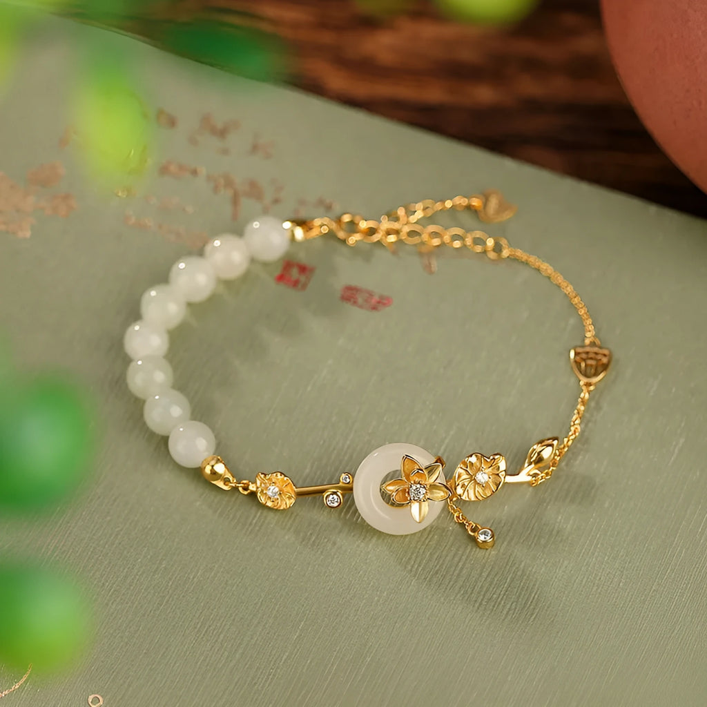 Women's Hetian jade lotus peace buckle bracelet in 925 silver with antique gold or silver plating