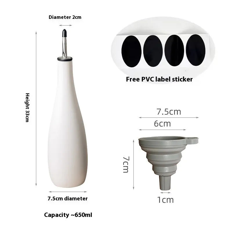 Ceramic oil pot with plastic funnel and brush in black, coffee, or white colour, 650ml capacity