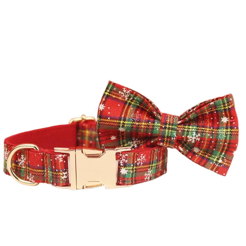 Red snowflake Christmas pet collar with plaid leash, bow, and vest four-piece holiday outfit set for dogs