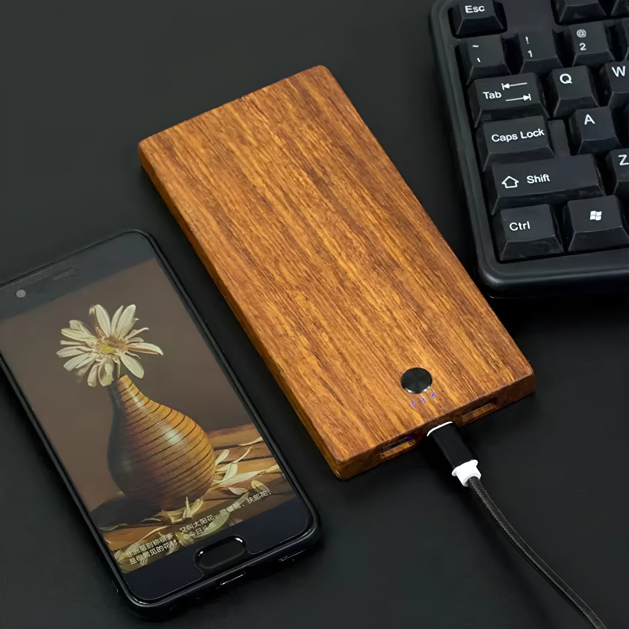 Wooden handicraft power bank with 8000mAh capacity, fast charge output, and slim rectangular design
