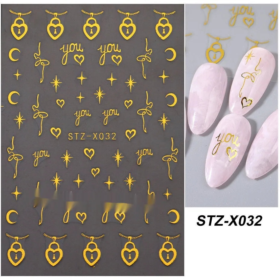 Cartoon nail art stickers sheet with black and silver love heart designs