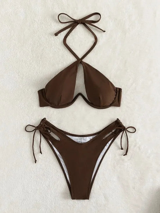 Brown women's halter neck bikini top and briefs-style bottom laid flat.