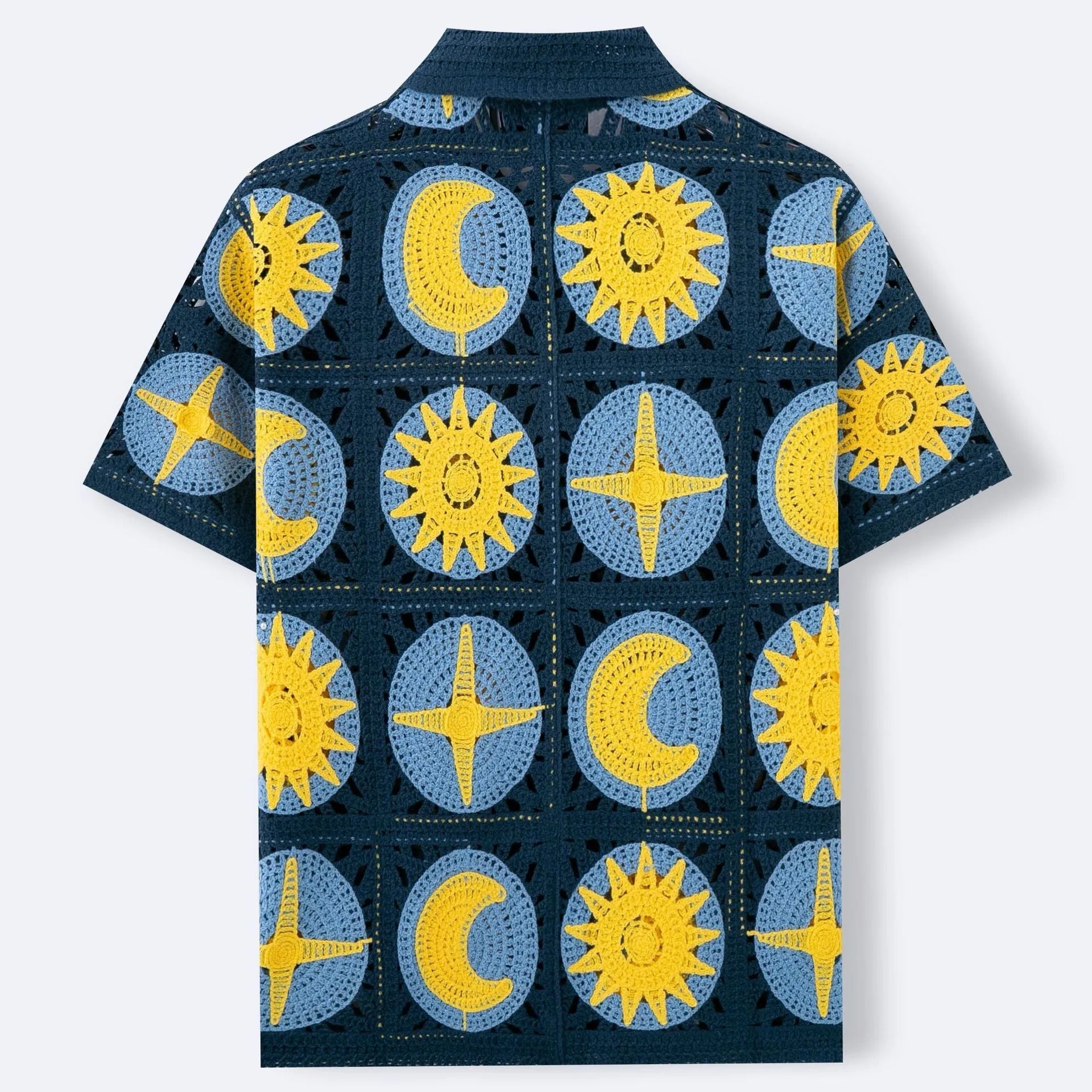 Men's navy blue short-sleeved cardigan with a raised cartoon flocking pattern on the front.