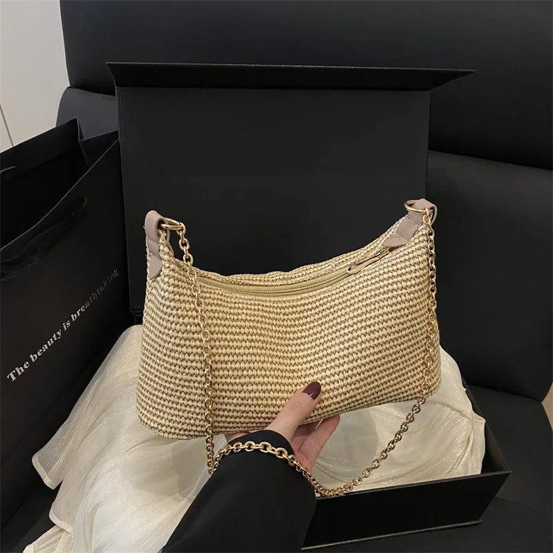 Straw woven square beach tote bag with sandwich pockets and shoulder strap in khaki colour