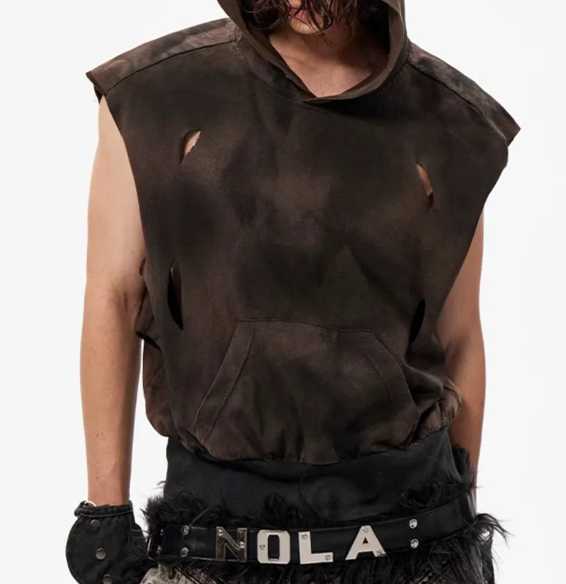 Men's khaki cotton short hood vest with short sleeves on mannequin