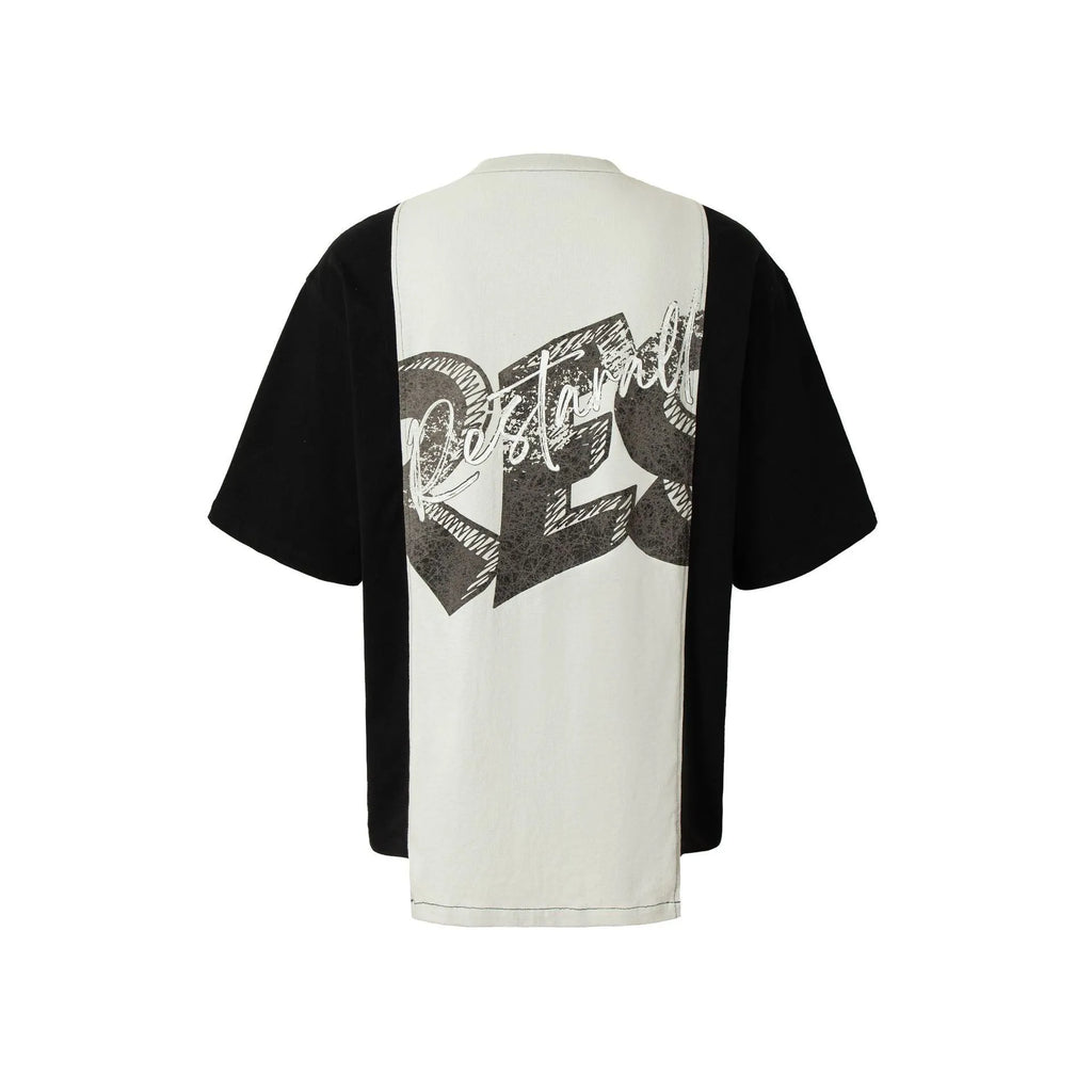 Men's black and white deconstruction print cotton blend t-shirt with a loose fit and short sleeves.