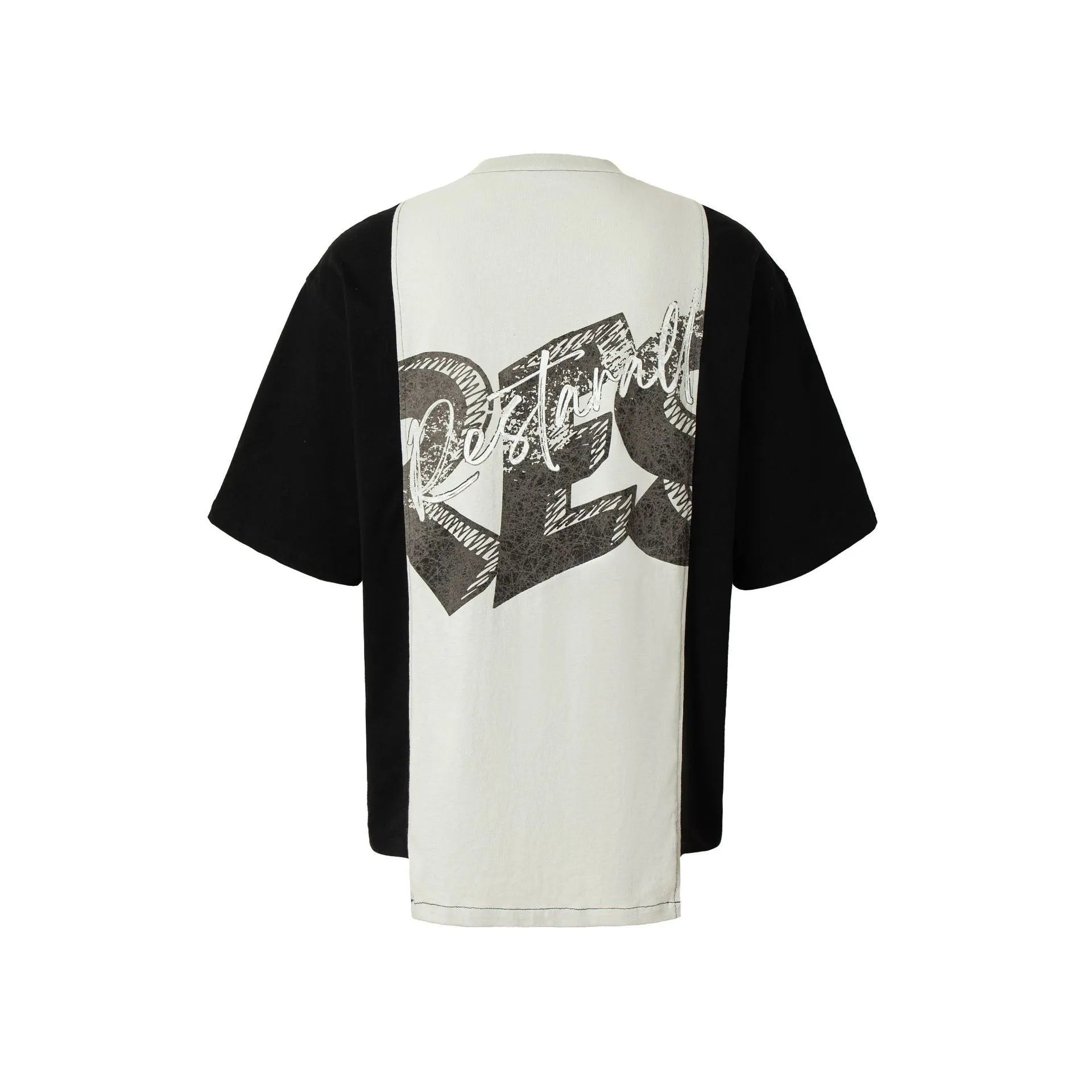 Men's black and white deconstruction print cotton blend t-shirt with a loose fit and short sleeves.