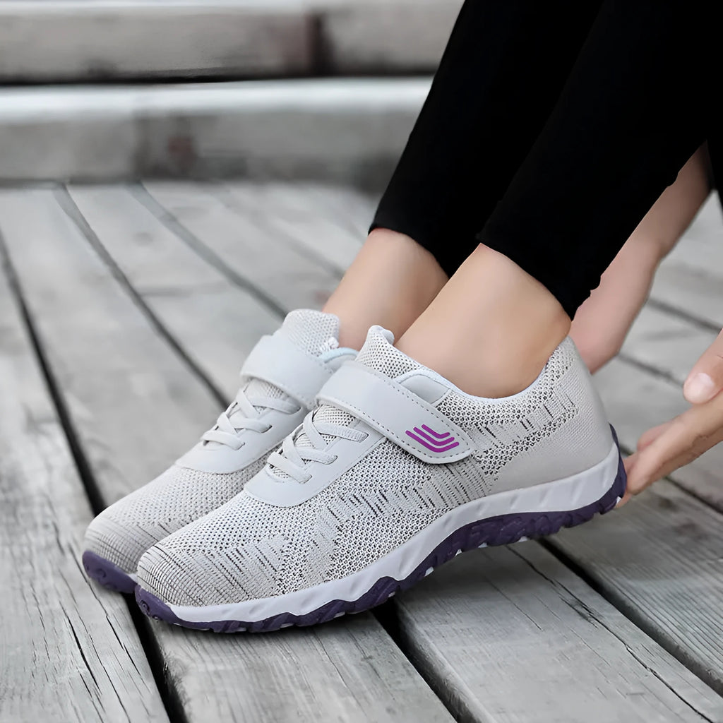 Women's low top wedge heel shoes with mesh upper and Velcro fastening in purple colour