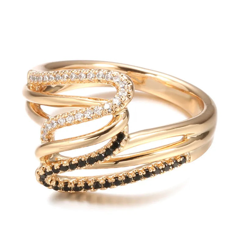 Fashion personality ring with micro-inlaid zircon detailing on copper with electroplated WK2230 finish.