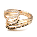 Fashion personality ring with micro-inlaid zircon detailing on copper with electroplated WK2230 finish.