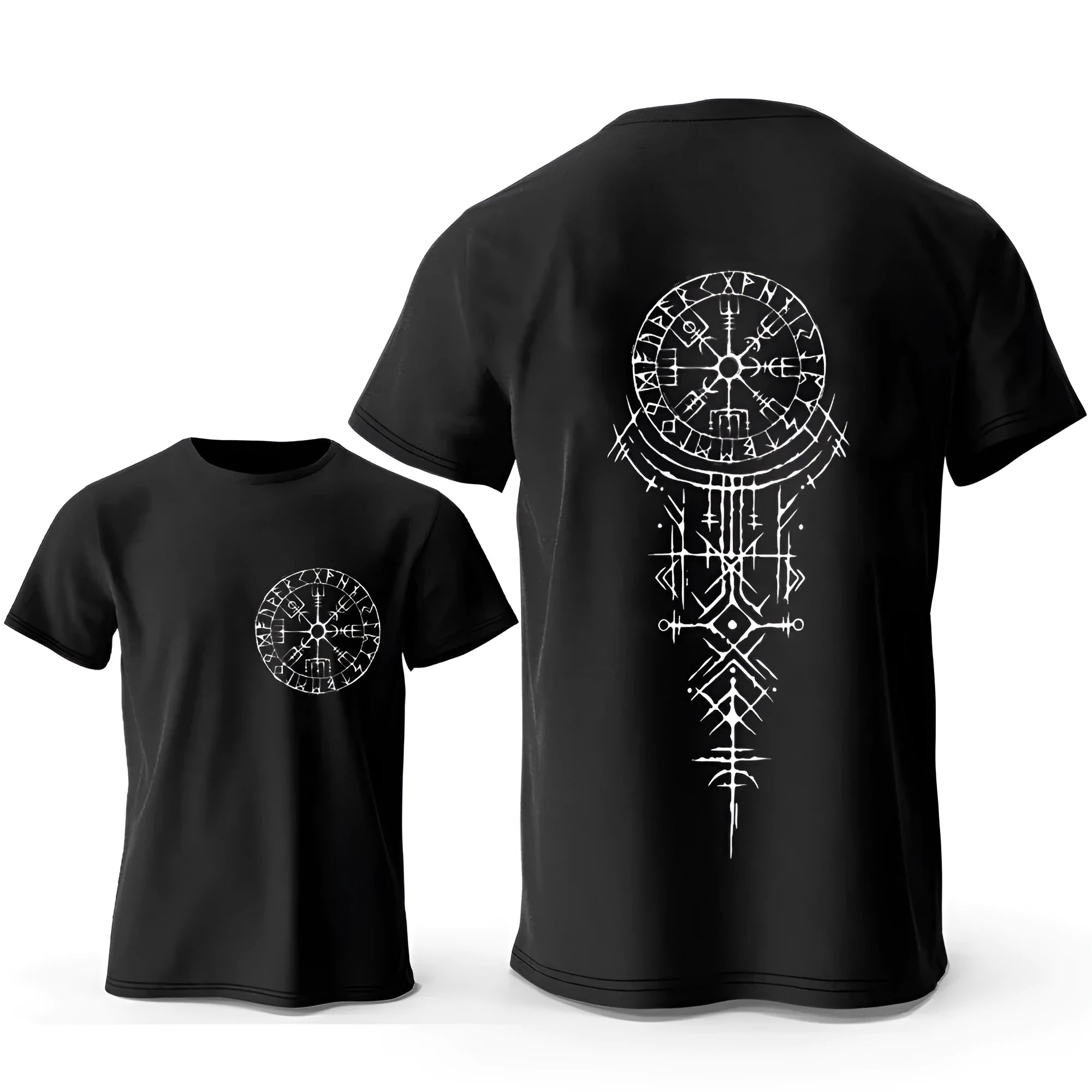 Man wearing a grey t-shirt with a detailed Viking rune compass graphic printed on the chest.