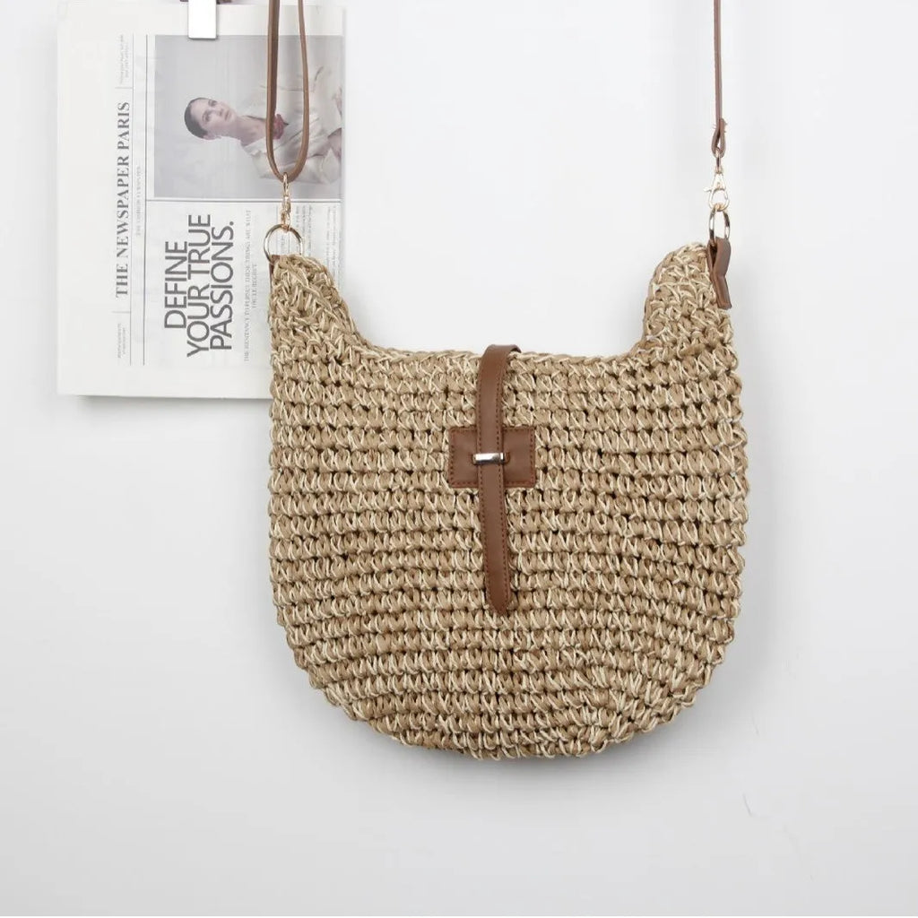 Beige handmade woven bag with sandwich pocket style and 55cm shoulder strap